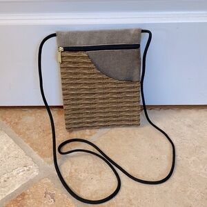 Danny K. Beverly Hills USA Tapestry Crossbody Bag in Black, gold and rust & Tan.